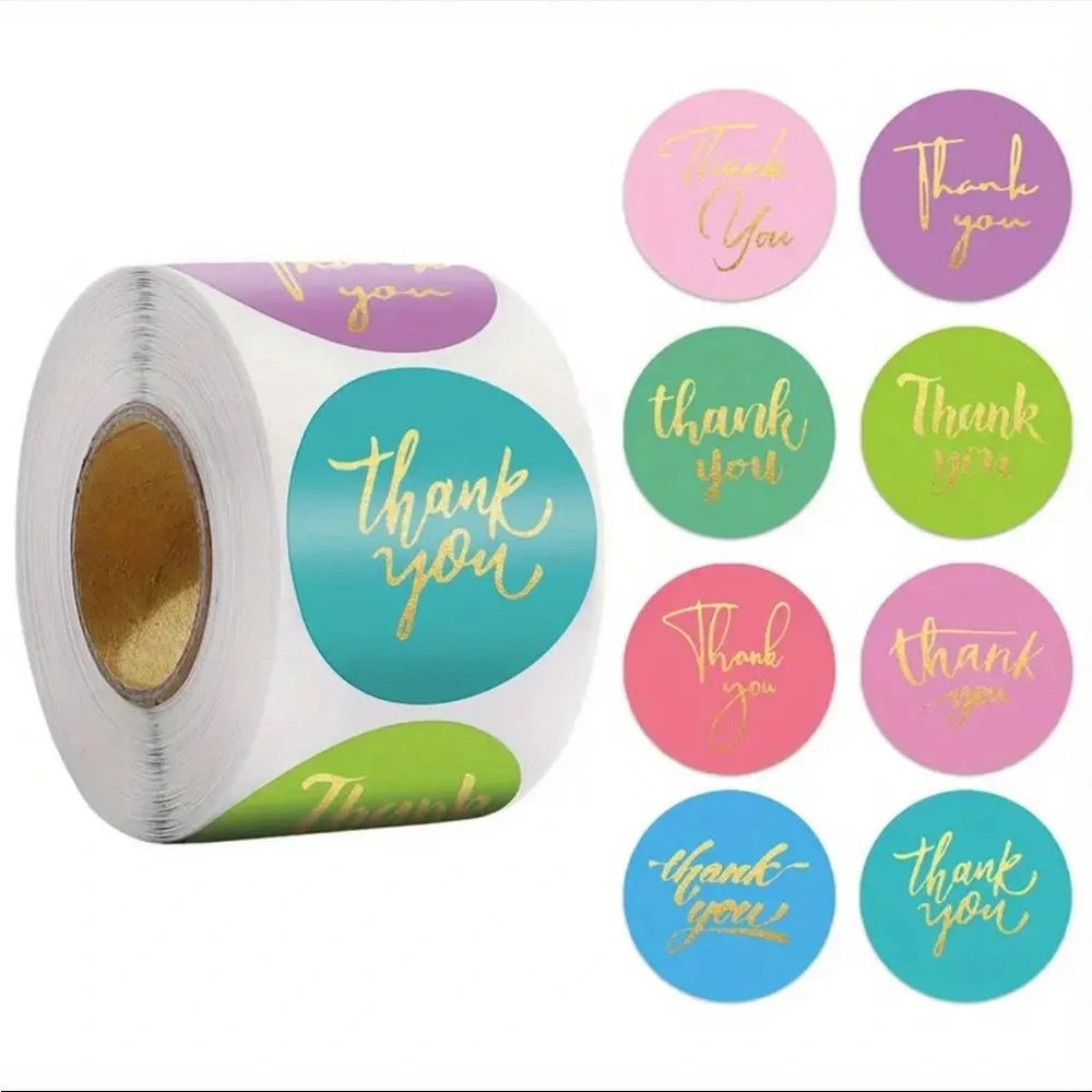 Roll of 500 Pastel Thank You Stickers Gold Cursive Letters.